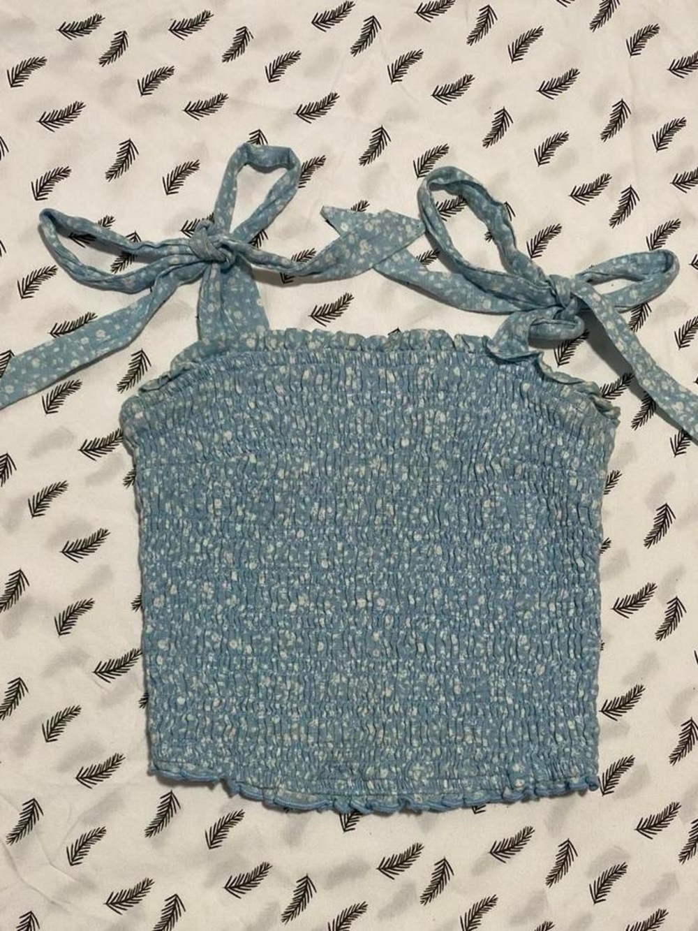 Abercrombie & Fitch Light Blue Smocked Tie-Shoulder Crop Top